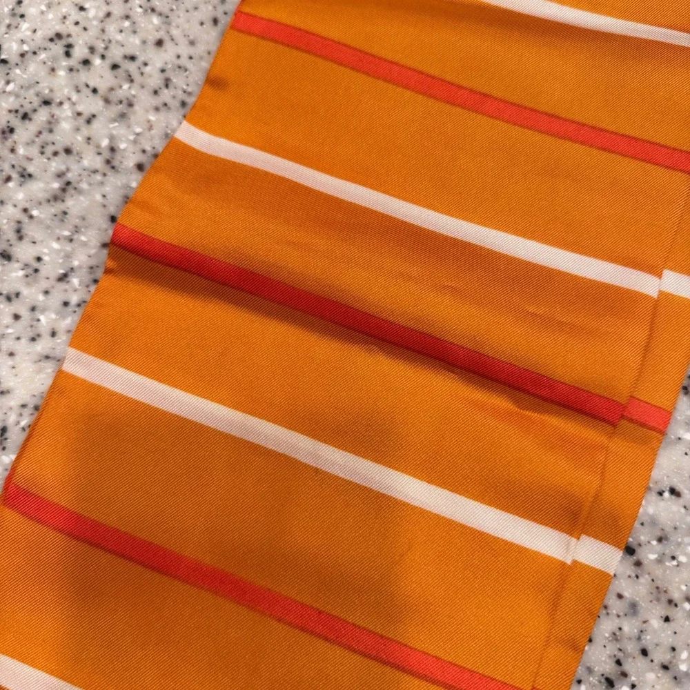 Vintage Japanese Obi Orange‎ Stripe Acetate Scarf with Floral Medallion 70x5.5